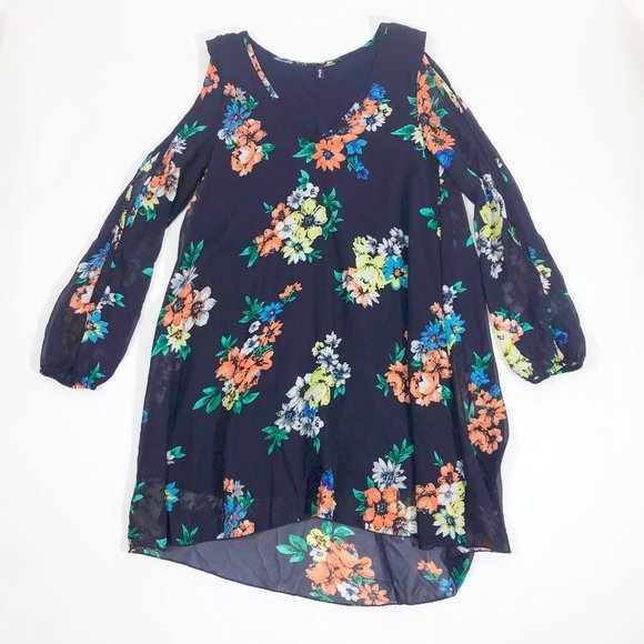 EUC Vijo Couture Multi-color Floral Print Hi-Low Hem Cold Shoulder Dress - Picture 3 of 5